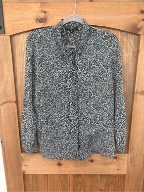 Liverpool Long Sleeve Teal and Black Printed Lightweight Button-Up Blouse